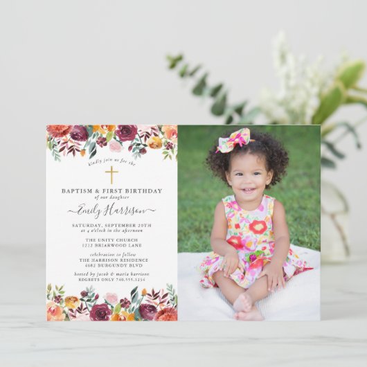 花絵を描の洗礼第1誕生日写真 招待状 (スタンド正面)