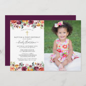 花絵を描の洗礼第1誕生日写真 招待状 (正面/裏面)