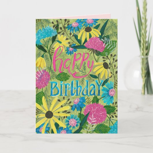 花緑とピンクのフローラハッピーバースデー カード (正面)