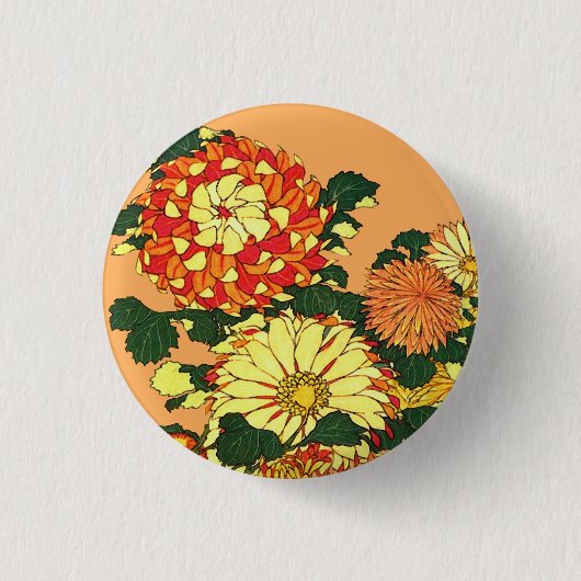 花縁ど日本の、まんだらオレンジ、金ゴールド 缶バッジ (正面)