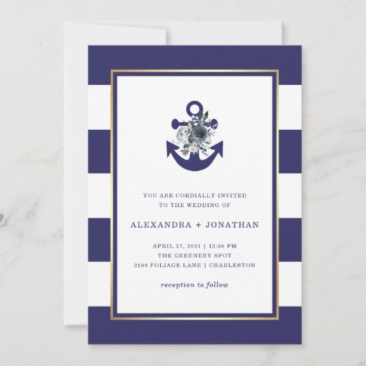 花航海の類 |ネイビーブルーストライプフローラ結婚ズ 招待状 (正面)