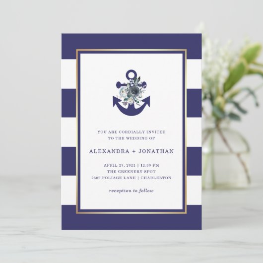 花航海の類 |ネイビーブルーストライプフローラ結婚ズ 招待状 (スタンド正面)