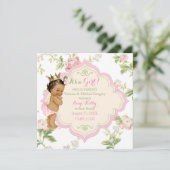 花色の女の子のピンクの緑バラの花のベビー 案内状 (スタンド正面)