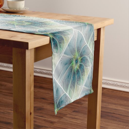 花色ファンタジーモダン青緑フラクタルフラワー ショートテーブルランナー (インサイチュ)