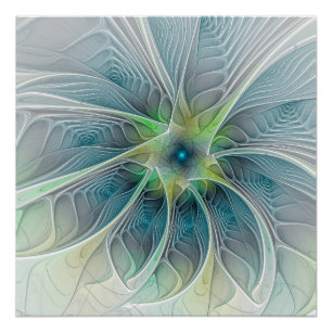 花色ファンタジーモダン青緑フラクタルフラワー ポスター