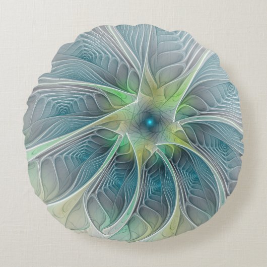 花色ファンタジーモダン青緑フラクタルフラワー ラウンドクッション (正面)