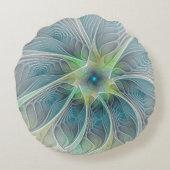 花色ファンタジーモダン青緑フラクタルフラワー ラウンドクッション (裏面)