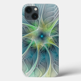 花色ファンタジーモダン青緑フラクタルフラワー iPhone 13ケース
