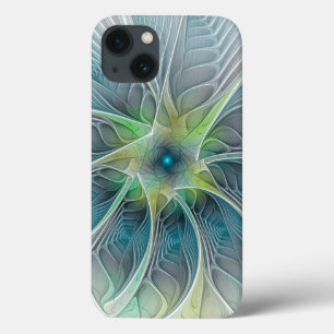 花色ファンタジーモダン青緑フラクタルフラワー iPhone 13ケース