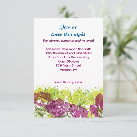 花色彩の鮮やか花バーバー(ユダヤ教の)バル・ミツバースターパーティーカード 招待状 (スタンド正面)