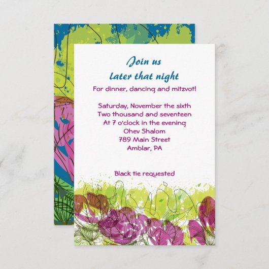花色彩の鮮やか花バーバー(ユダヤ教の)バル・ミツバースターパーティーカード 招待状 (正面/裏面)