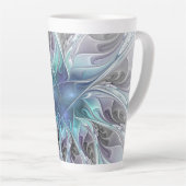 花色抽象芸術モダンフラクタル花と青 カフェラテマグ (右アングル)