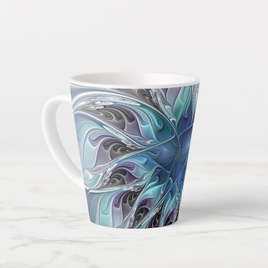 花色抽象芸術モダンフラクタル花と青 カフェラテマグ (左アングル)