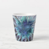 花色抽象芸術モダンフラクタル花と青 カフェラテマグ (正面)