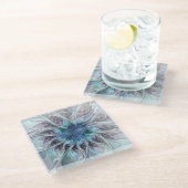 花色抽象芸術モダンフラクタル花と青 ガラスコースター (アングル)