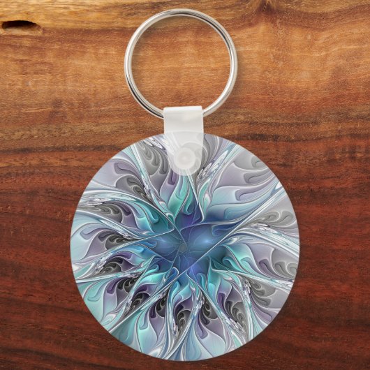 花色抽象芸術モダンフラクタル花と青 キーホルダー (裏面)