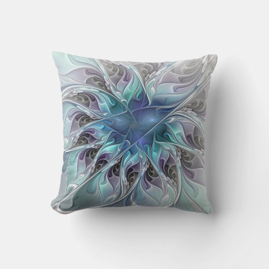 花色抽象芸術モダンフラクタル花と青 クッション (正面)