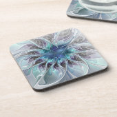 花色抽象芸術モダンフラクタル花と青 コースター (左側)