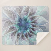 花色抽象芸術モダンフラクタル花と青 シェルパブランケット (正面(横))