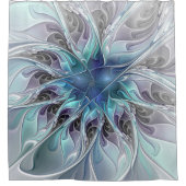 花色抽象芸術モダンフラクタル花と青 シャワーカーテン (正面)