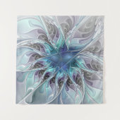 花色抽象芸術モダンフラクタル花と青 タペストリー (正面)