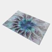 花色抽象芸術モダンフラクタル花と青 ドアマット (アングル)