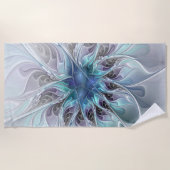 花色抽象芸術モダンフラクタル花と青 ビーチタオル (正面)