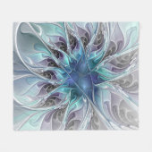 花色抽象芸術モダンフラクタル花と青 フリースブランケット (正面(横))