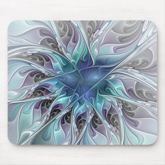 花色抽象芸術モダンフラクタル花と青 マウスパッド (正面)