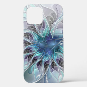 花色抽象芸術モダンフラクタル花と青 iPhone 12ケース