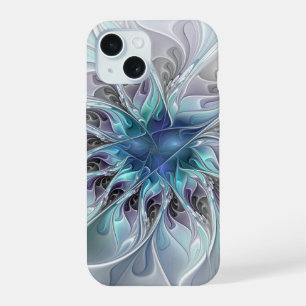 花色抽象芸術モダンフラクタル花と青 iPhone 15ケース