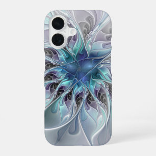 花色抽象芸術モダンフラクタル花と青 iPhone 16ケース