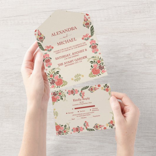 花色豊かなフォークアートのウェディング オールインワン招待状 (貼ってはがせる)