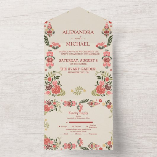 花色豊かなフォークアートのウェディング オールインワン招待状 (内側)