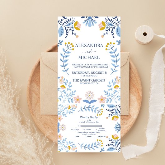 花色豊かなフォークアートのウェディング オールインワン招待状