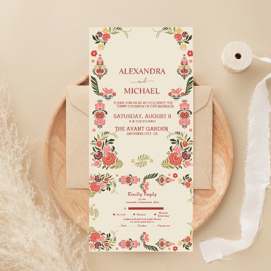 花色豊かなフォークアートのウェディング オールインワン招待状