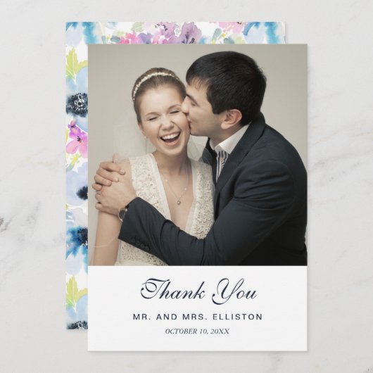 花花束の水彩画|は感謝していしています サンキューカード (正面/裏面)