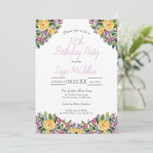 花花束の誕生会を滝のように落とす水彩画 招待状 (スタンド正面)