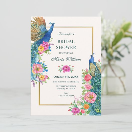 花芸術的孔雀ブライダルシャワー 招待状 (スタンド正面)