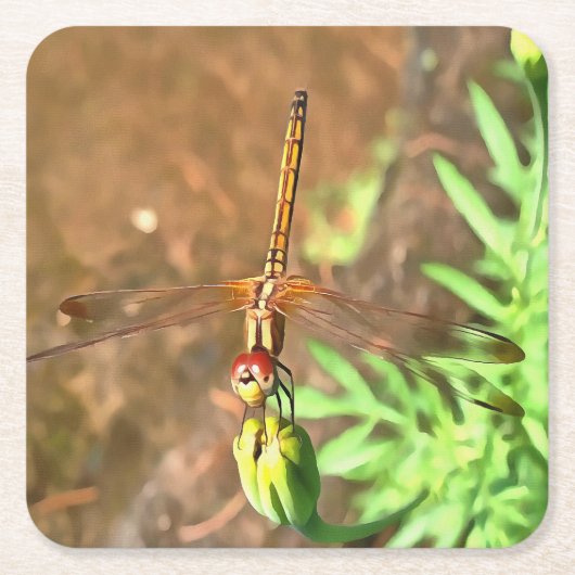 花芸術的頭に乗って休むトンボ スクエアペーパーコースター (正面)
