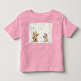 花草地、テディ、ウサギ、蝶 トドラーTシャツ