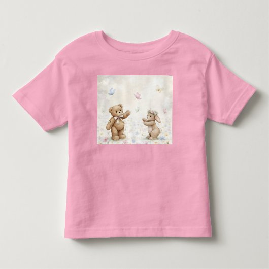 花草地、テディ、ウサギ、蝶 トドラーTシャツ (正面)