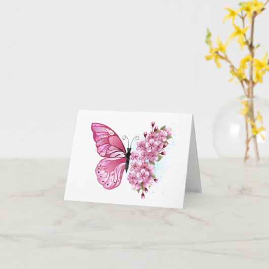 花蝶とピンク桜 カード (黄色い花)