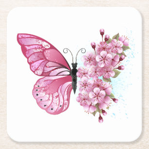 花蝶とピンク桜 スクエアペーパーコースター