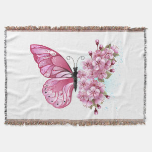 花蝶とピンク桜 スローブランケット