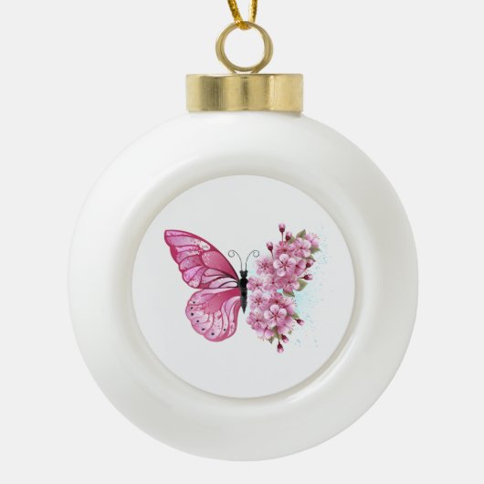 花蝶とピンク桜 セラミックボールオーナメント (正面)