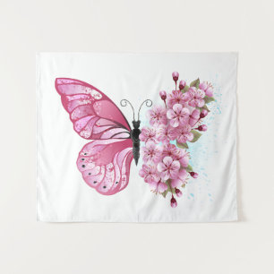 花蝶とピンク桜 タペストリー