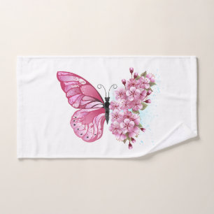 花蝶とピンク桜 ハンドタオル