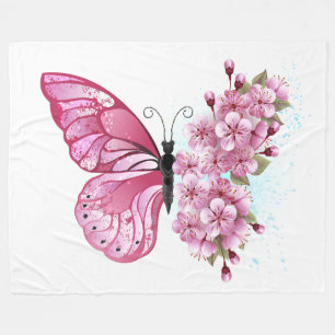 花蝶とピンク桜 フリースブランケット