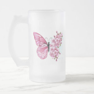 花蝶とピンク桜 フロストグラスビールジョッキ